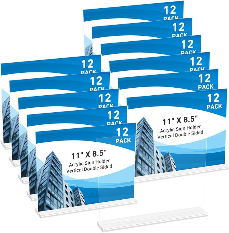 DECOHOBO 12 Pack Acrylic Sign Holder 11 x 8.5 Horizontal, Double-Sided Clear Sign Holder Plastic Stands for Display, T Shape Acrylic Table Sign Stands for Office Store Restaurants Wedding Party Decoration - Image 1